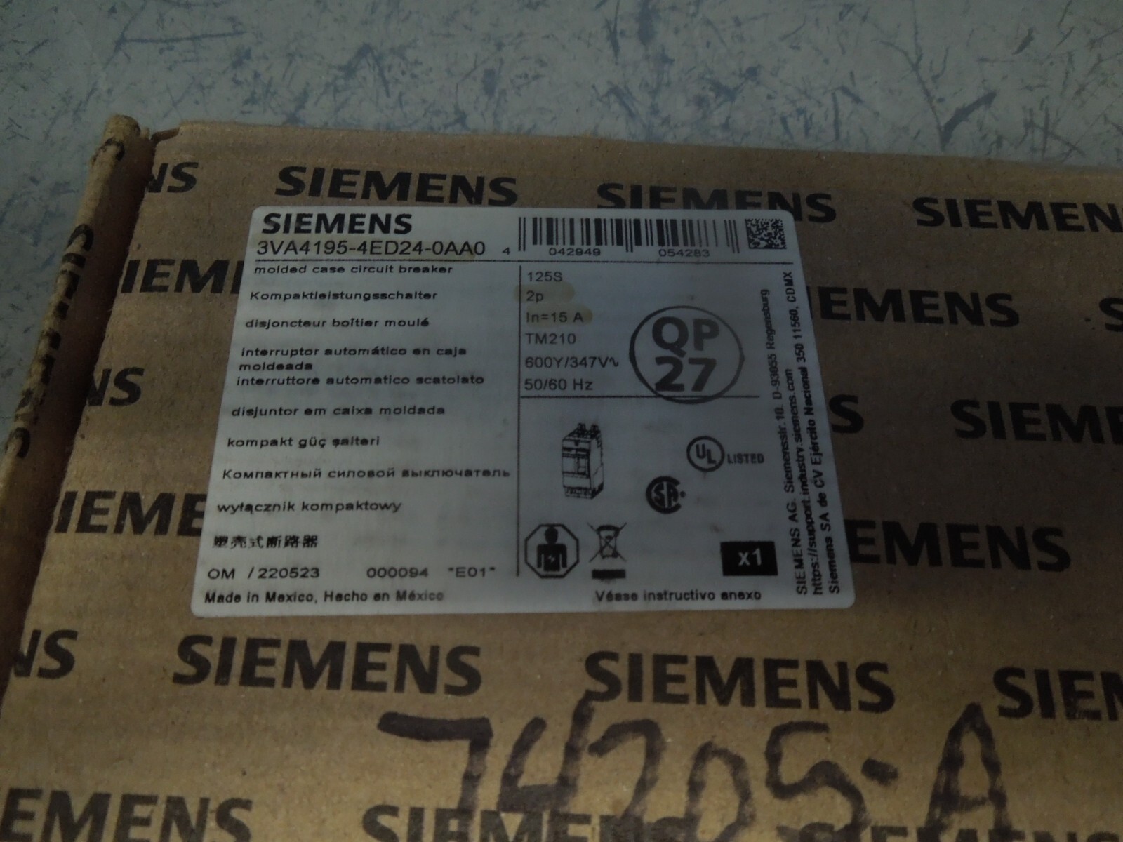 Siemens 3VA4195-4ED24-0AA0 15A 2p 600Y/347V Molded Case Breaker New Surplus