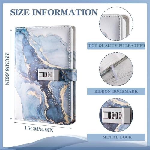 A5 Lockable Journal PU Leather Combination Lock Diary Blue 8.6 x 5.9 in