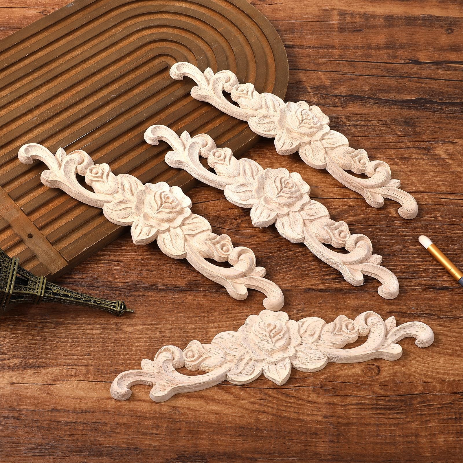 4pcs Wood Appliques Onlays Decorative Wooden Applique for Furniture Long Wood…