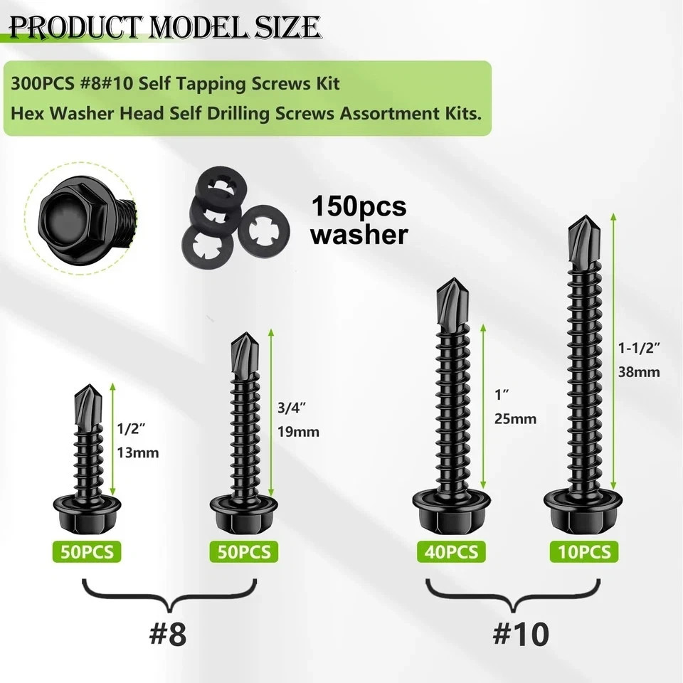 300PCS #8#10 Self Tapping Screws,410 Stainless Steel Self Drilling Screws,Bla…