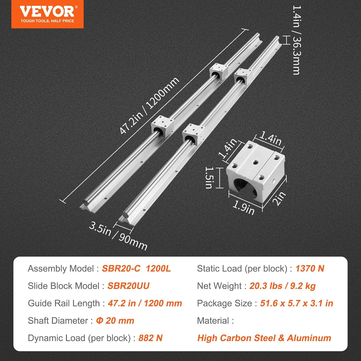 Linear Rail Slide Sbr20-1200Mm 2 PCS and 4 PCS SBR20UU Slide Blocks