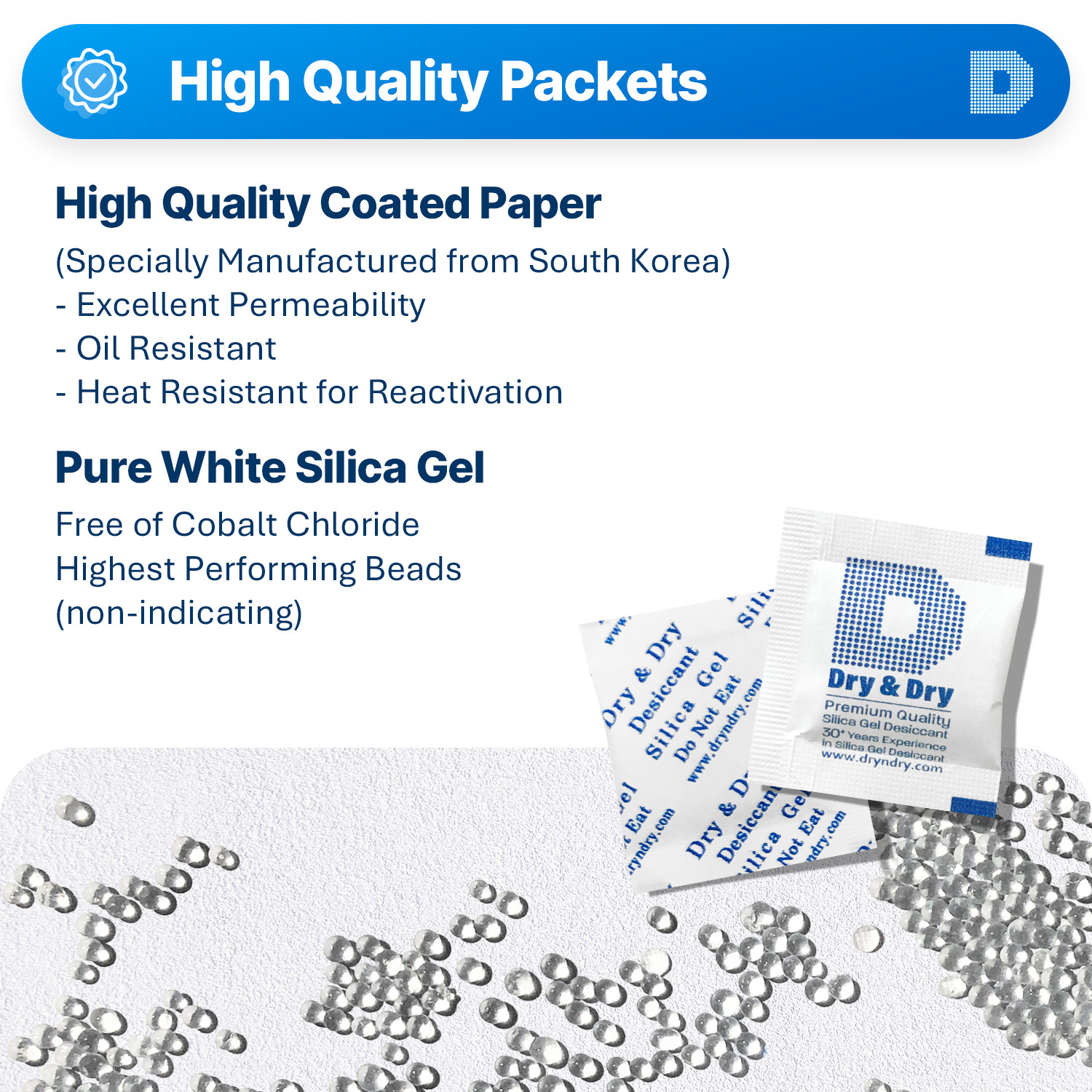 1 Gram X 100 PK “Dry & Dry” Silica Gel Packets – Reusable(FDA Compliant)