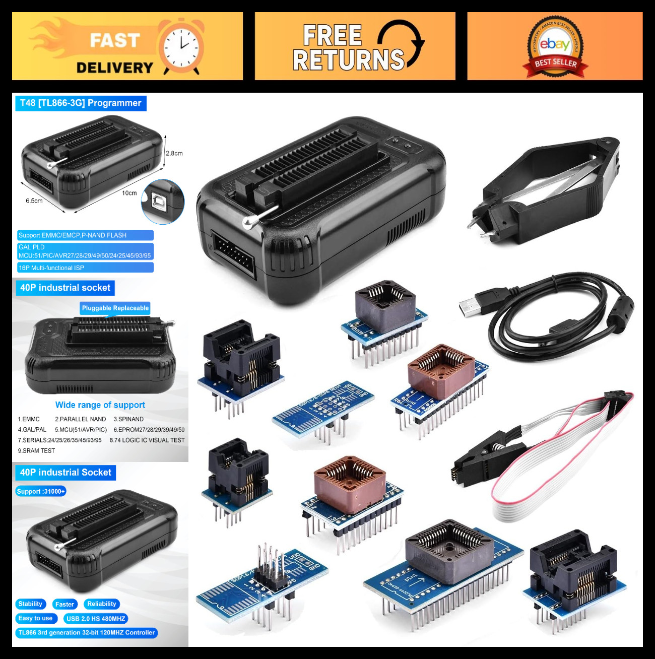Universal Programmer for 31000+ ICs – SPI, NAND, EMMC, Flash, MCU Tester + 12 Pa