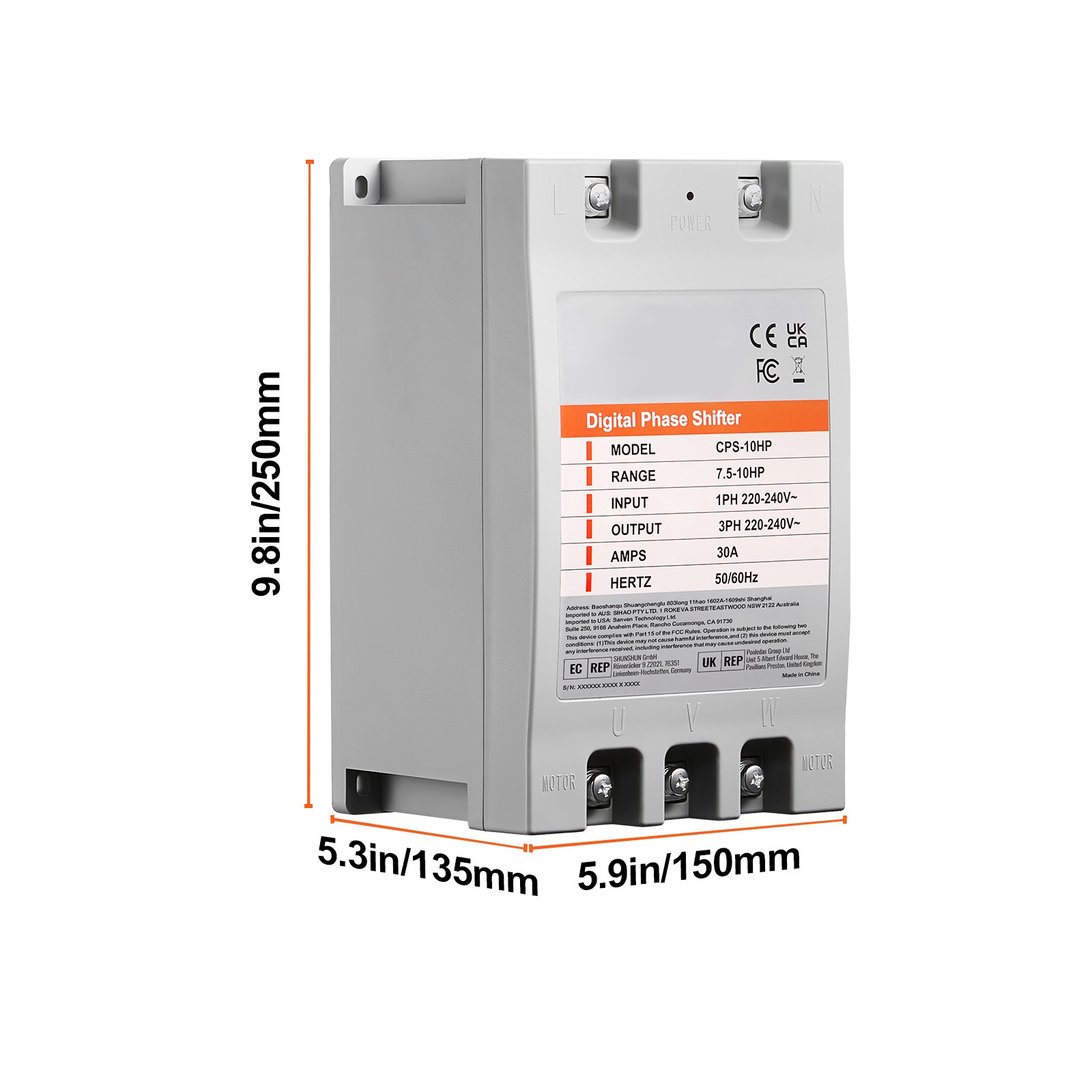 VEVOR 10HP Single 1 Phase to 3 Phase Converter Digital Phase Shifter 30A 220V