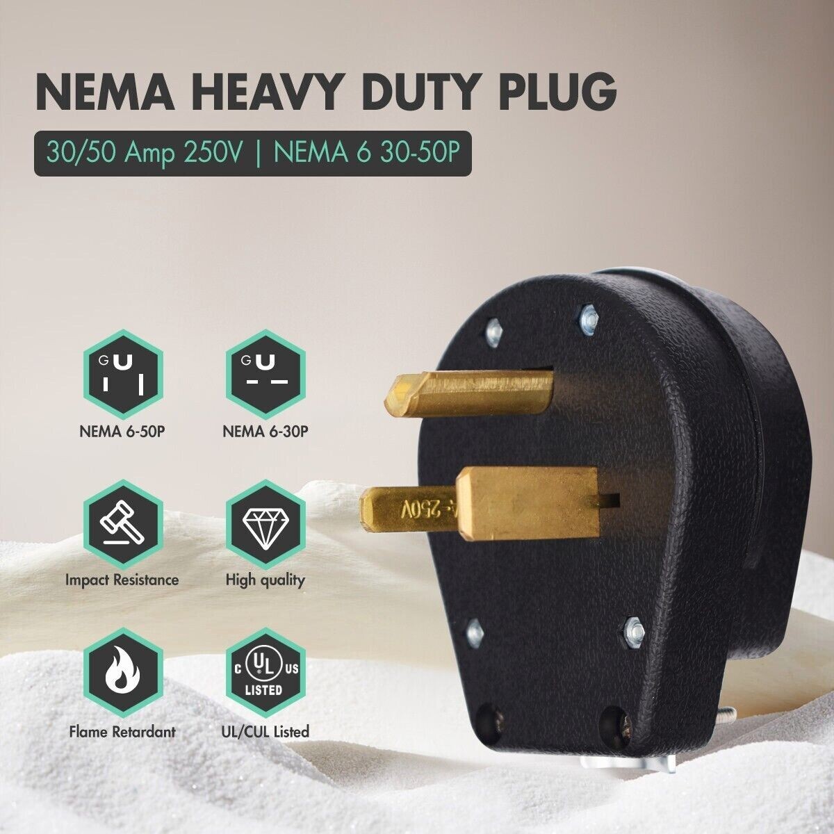 NEMA 6-50P Plug, Straight Blade Heavy Duty Angle Plug, 30 Amp 50 Amp 250V
