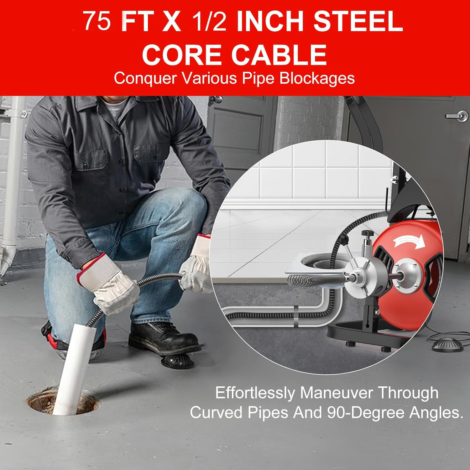 Drain Cleaner Machine Electric Drain Auger 75 FT x 1/2 In Auto Feed with Cutters