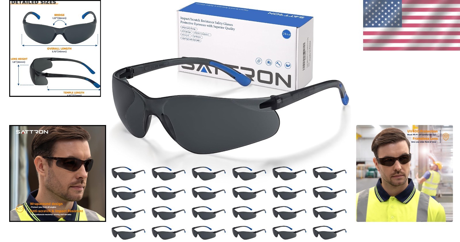 Lightweight Dark Lens Safety Glasses – 24 Pack Universal Fit for Men & Women