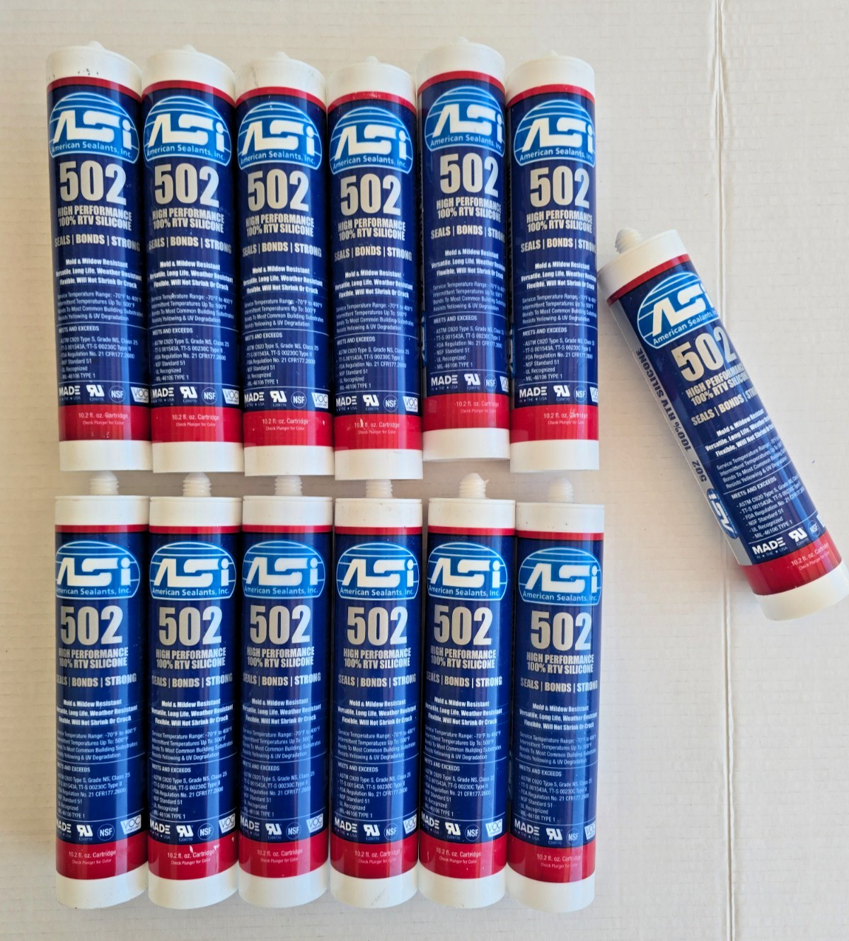 13 New ASI 502 Clear Food Grade 100% RTV Silicone Sealant – 10.2 Oz Cartridges