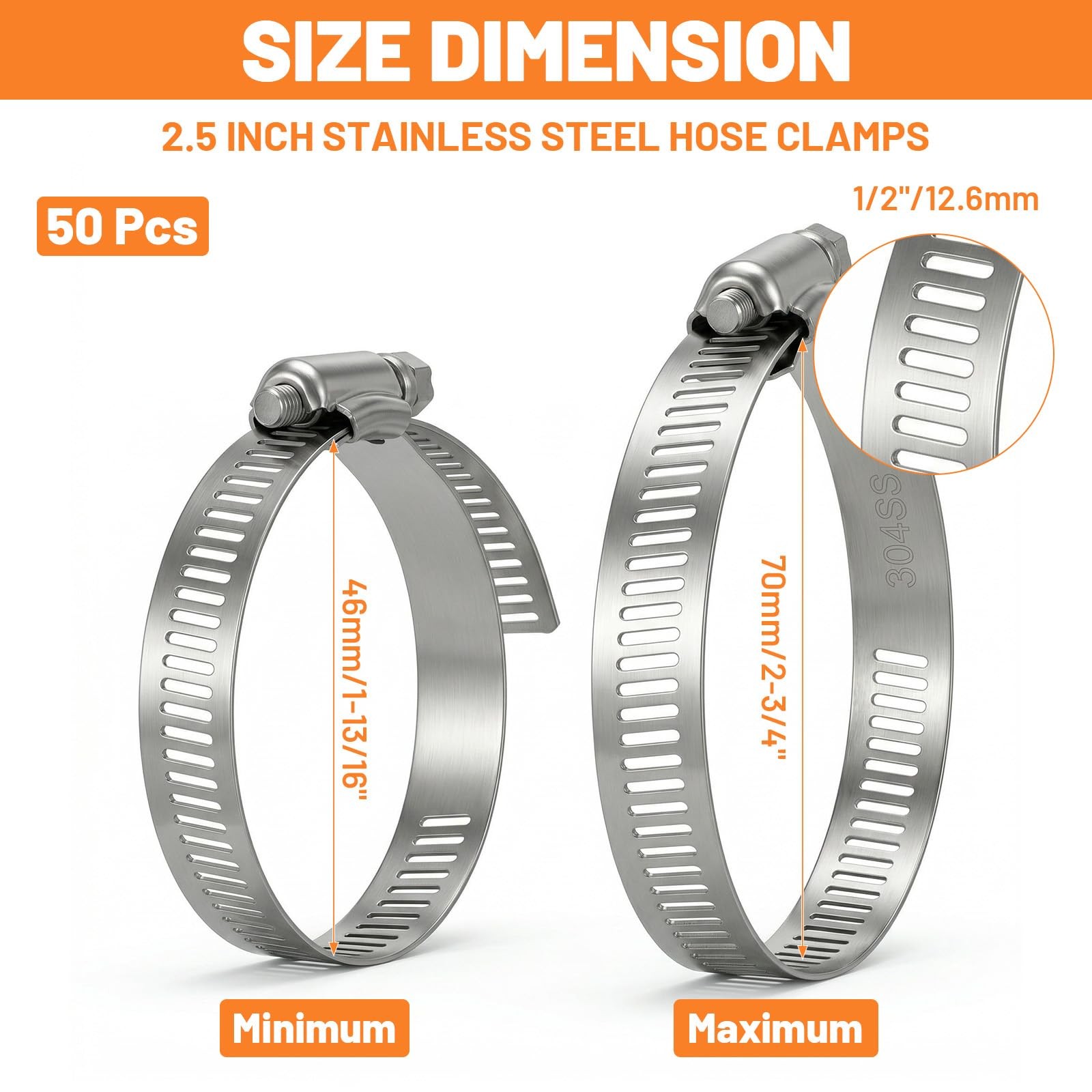 50 Pcs Stainless Steel Hose Clamp Adjustable 1-13/16″ to 2-3/4″ 46-70 mm…