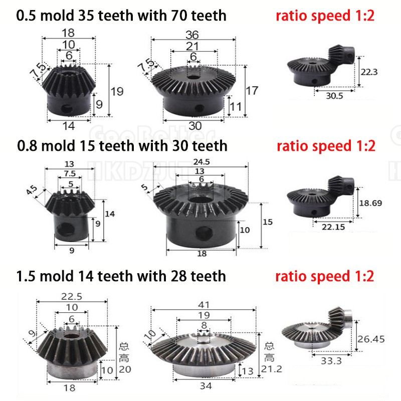 0.5/0.8/1/1.5 – 4 Mod Bevel Gear 10-70 Teeth Transmission Gears Bevel Teeth 90°