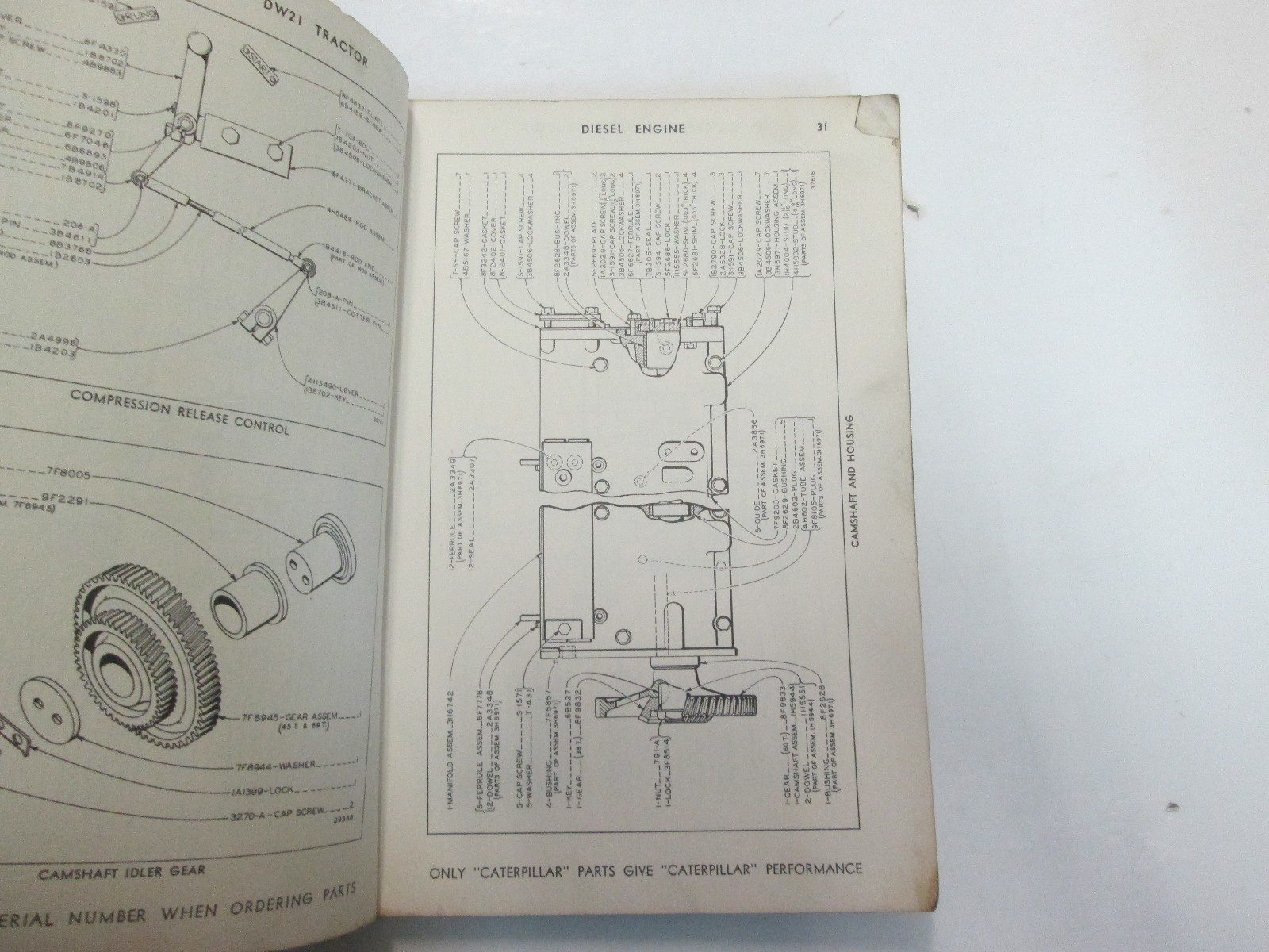 Caterpillar DW21 Tractor Parts Catalog Manual 8W1061 TO 8W1720 WORN STAINED OEM