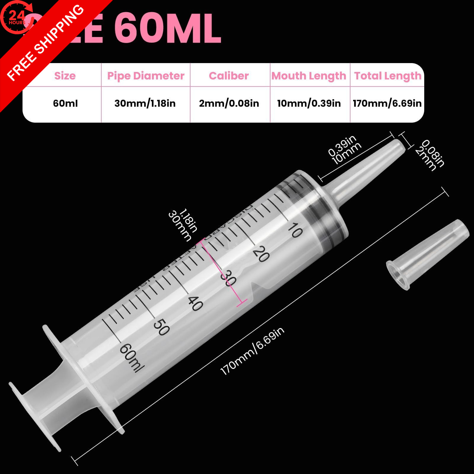 18 PCS 60ml Oral Syringe With Cap, Plastic 60 milliliters, transparent