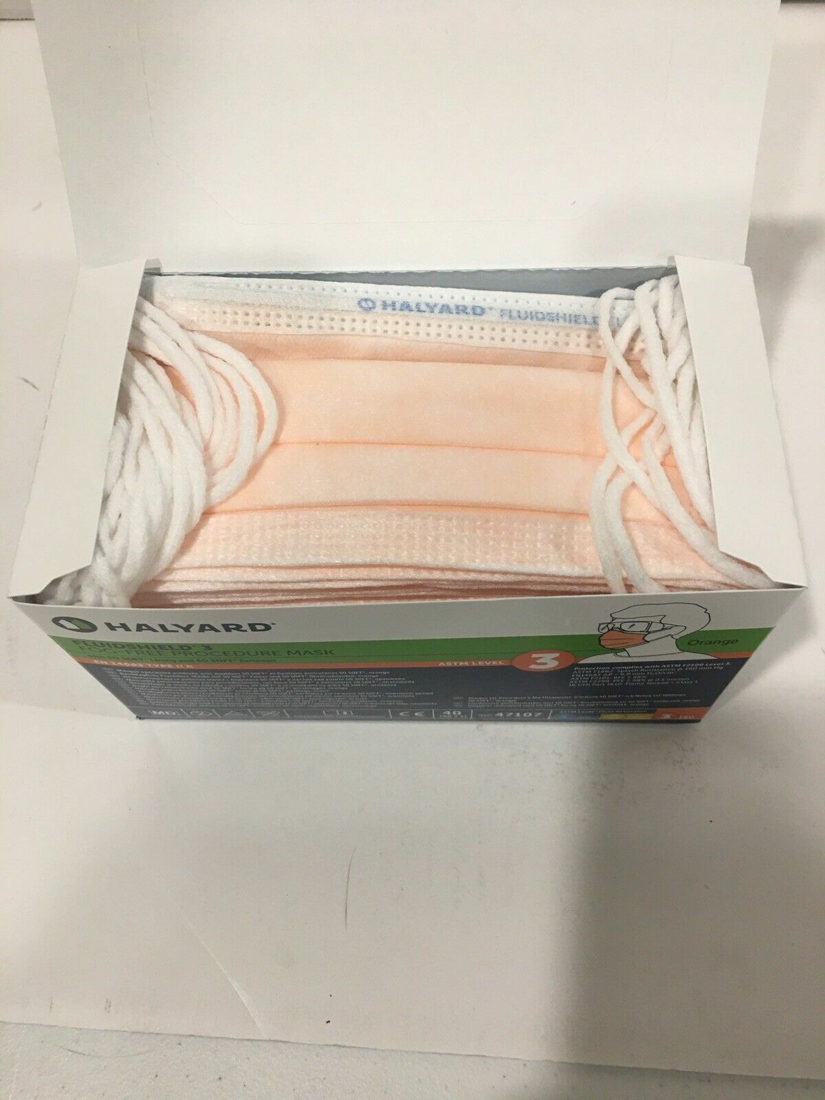 Halyard ASTM 47107 FluidShield Level 3 Orange Fog-Free Face Masks 40/Bx