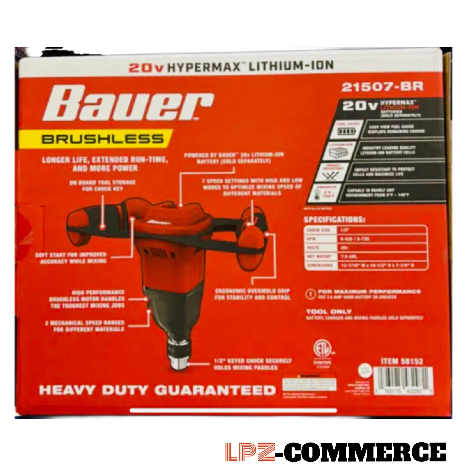 Bauer Heavy Duty Cordless Mud Mixer 1/2-Inch 20 Volt Brushless (Tool-Only)