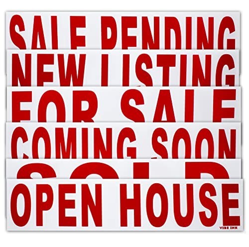 6 Pack Real Estate Rider Signs 6×24″ – For Sale, Open House, Sold, New Listing –