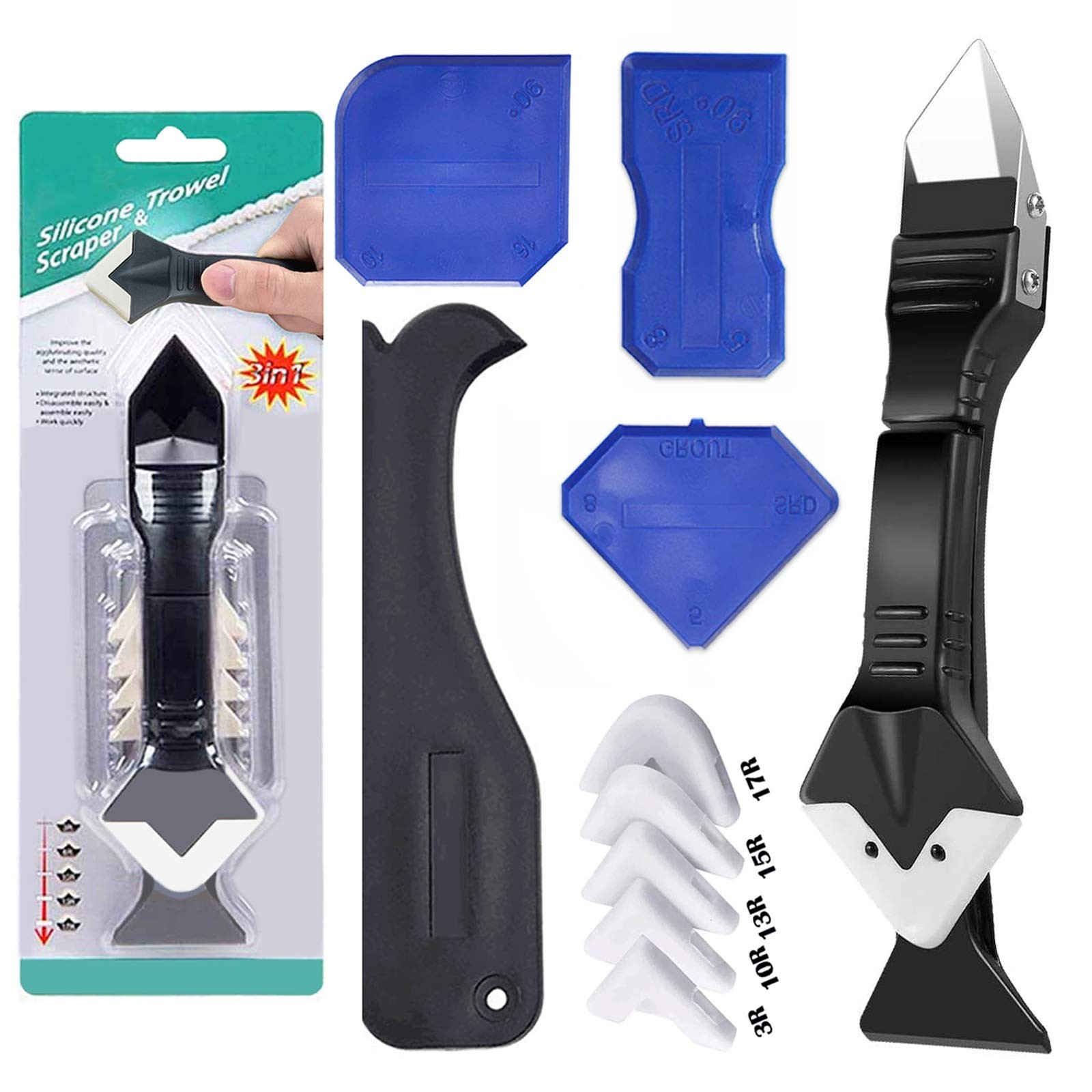 11Pcs Caulking Tools, 3 in 1 Silicone Caulking Finishing Tool Kit(Stainless S