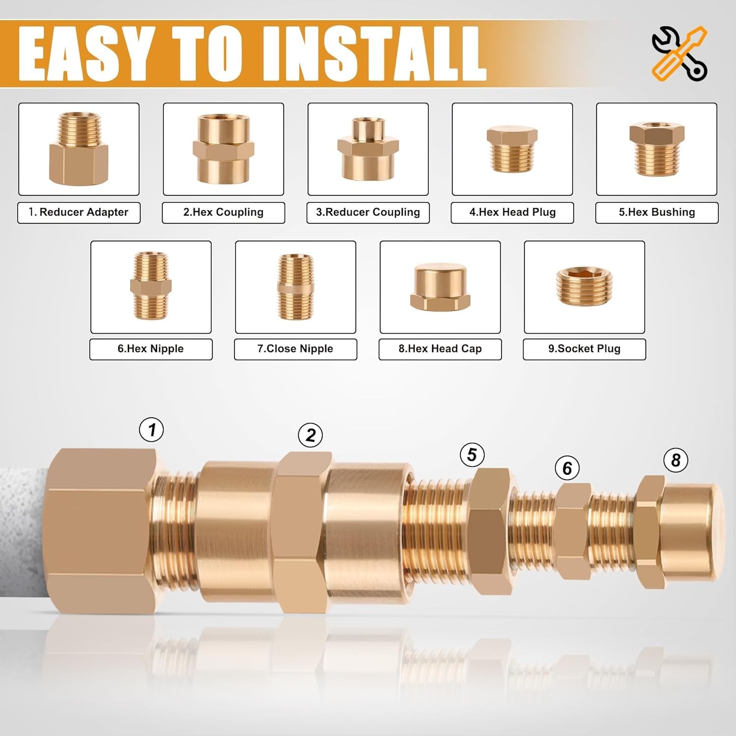 106PCS Brass Pipe Fittings Assortment Kit NPT Extension Adapter,Reducer Bushing,