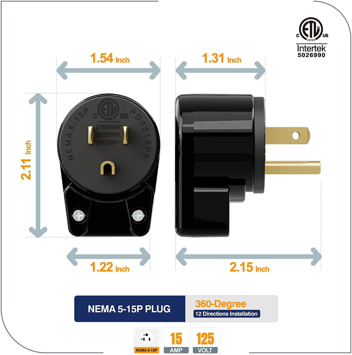 (5PACK) ETL Listed 90 Degree USA Canada Male Plug Nema 5-15P 3 Pole Angle DIY Pl