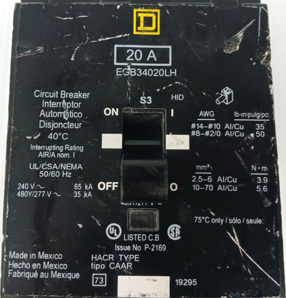 Square D 20 Amp Bolt-On Circuit Breaker 3 Pole 480Y/277 VAC EGB34020LH