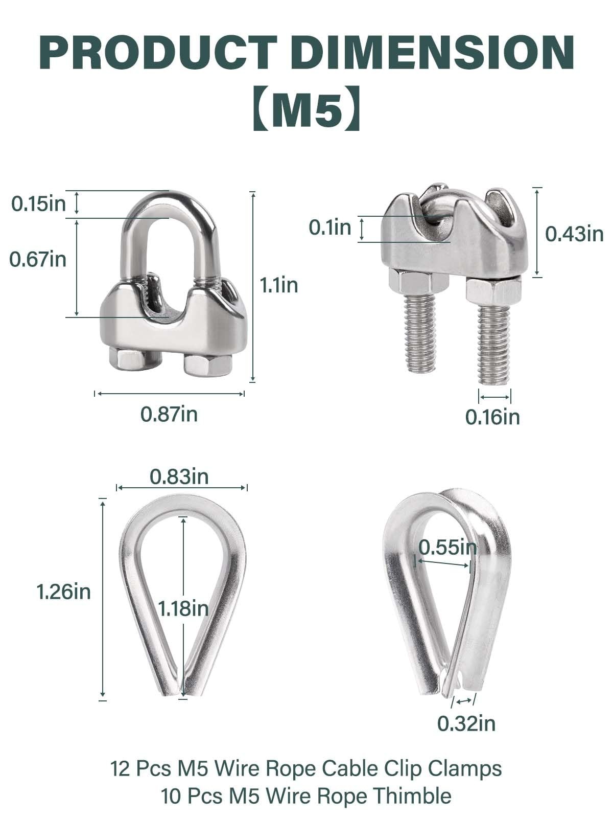 hannger 12Pcs 3/16″ M5 Wire Rope Clamps 10 Pcs 3/16 M5, Silver