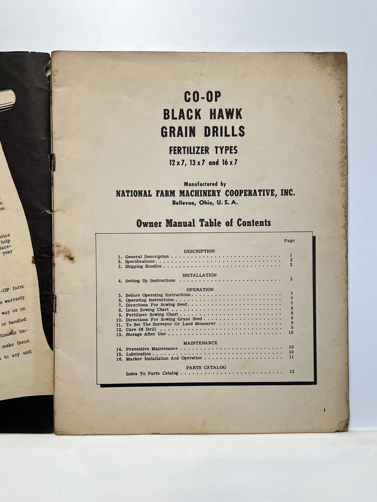 Vintage CO-OP Black Hawk Grain Drill Fertilizer Owners Manual Parts Catalog