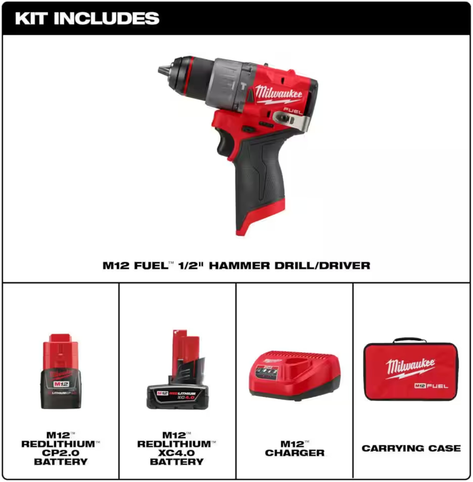 New Milwaukee 3404-22 M12 FUEL Brushless 1/2″ Hammer Drill Kit /Free M12 Ratchet