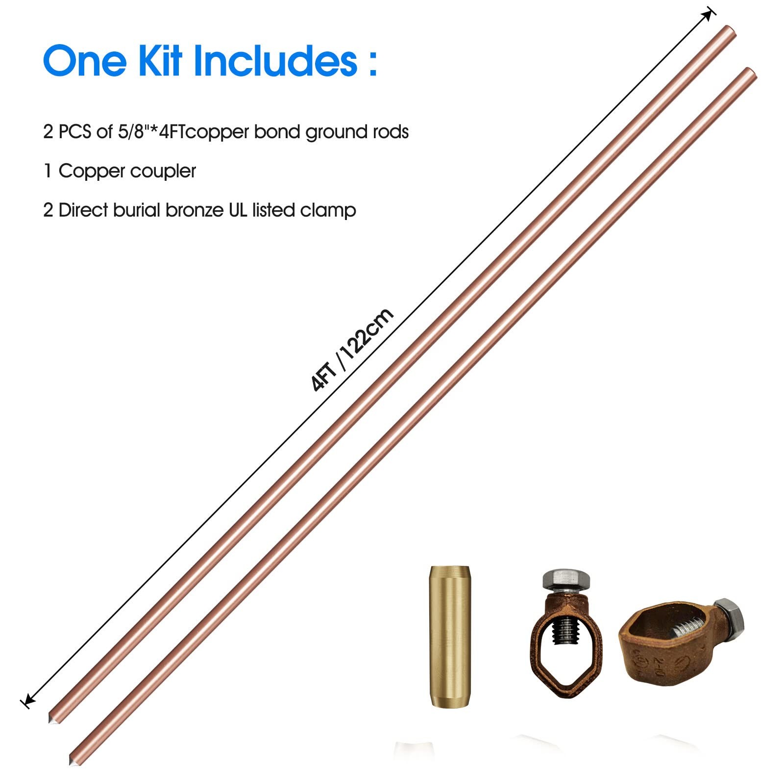8ft Ground Rod Kit 5/8 Bonded Electrical Copper Grounding With Bronze Clamp Ul