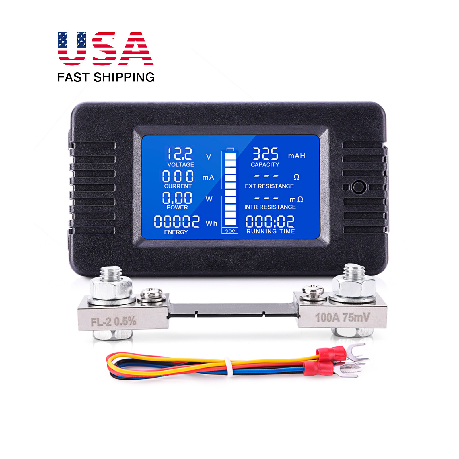 12v DC Battery Monitor Voltage Current Meter LCD Display with 100A Shunt