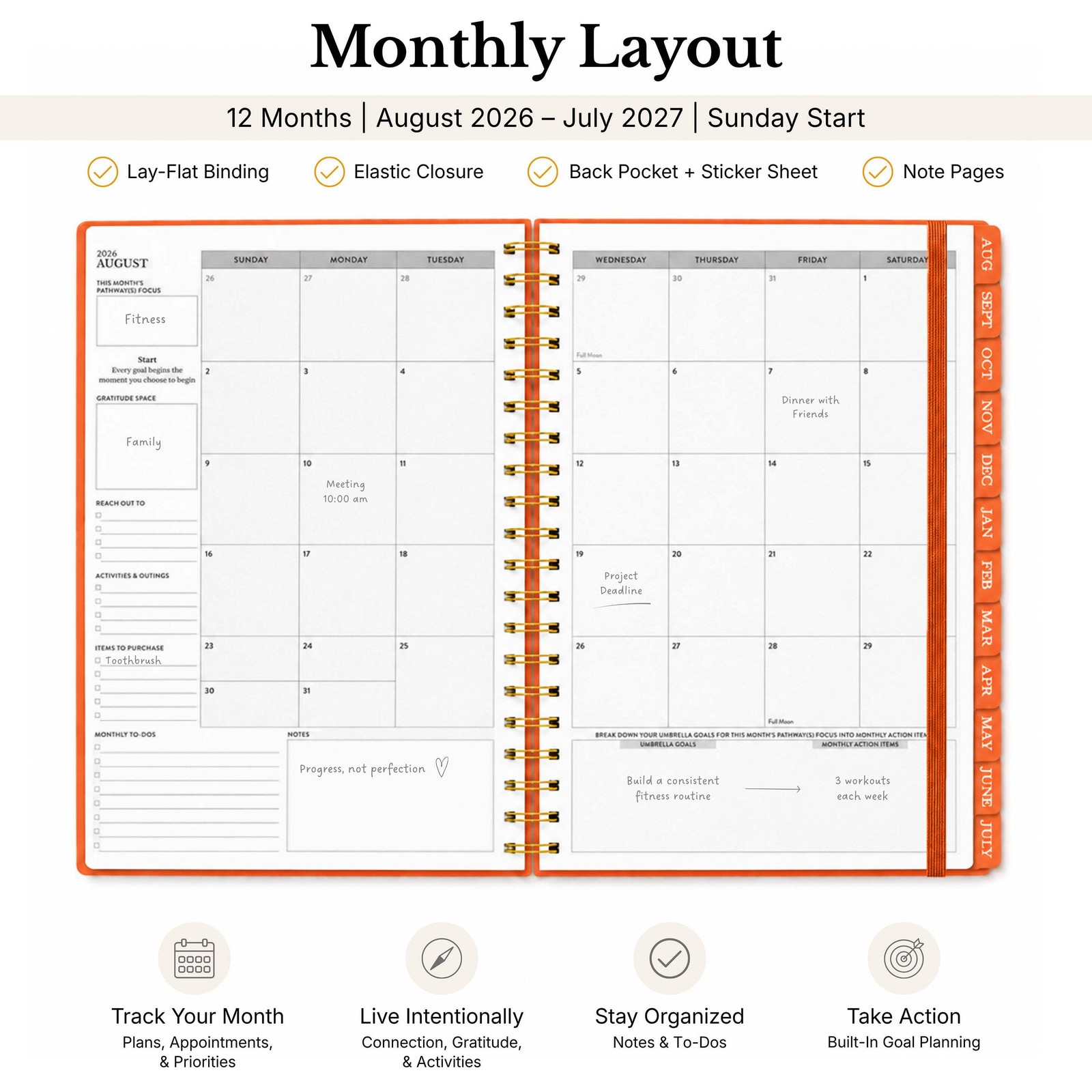 2026-2027 Mid-Year Monthly Weekly Spiral Planner B5 August Start Agenda