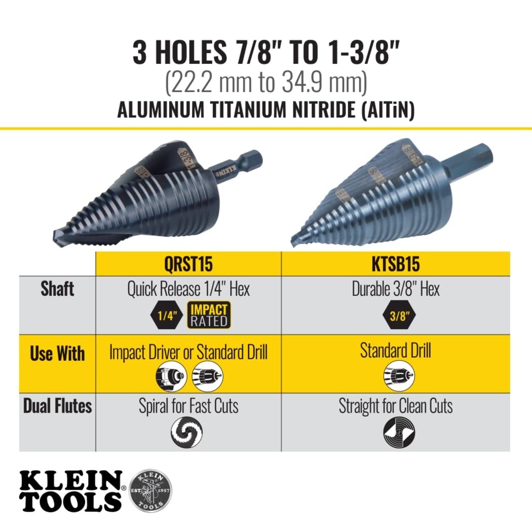 Klein Tools QRST15 Step Drill Bit 7/8 to 1-3/8-Inch Hex Shank