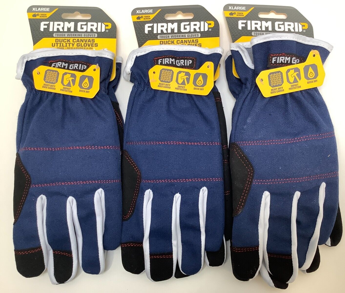 Firm Grip Duck Canvas Utility Gloves, X Large, Touch Screen, Navy Blue, 3 Lot