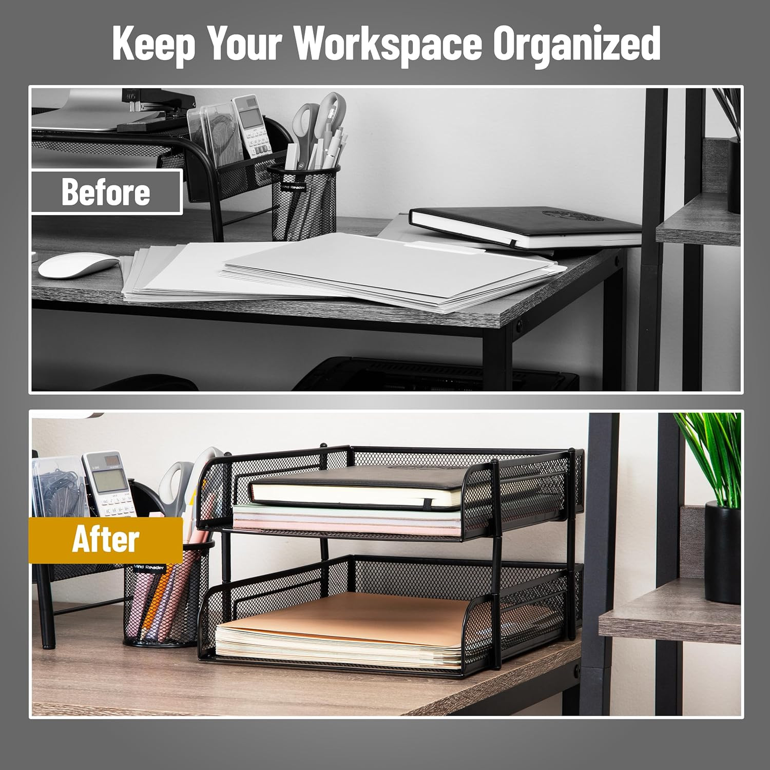 Stackable Paper Tray, Desktop Organizer, File Storage, Office, Metal Mesh, 2 Pcs