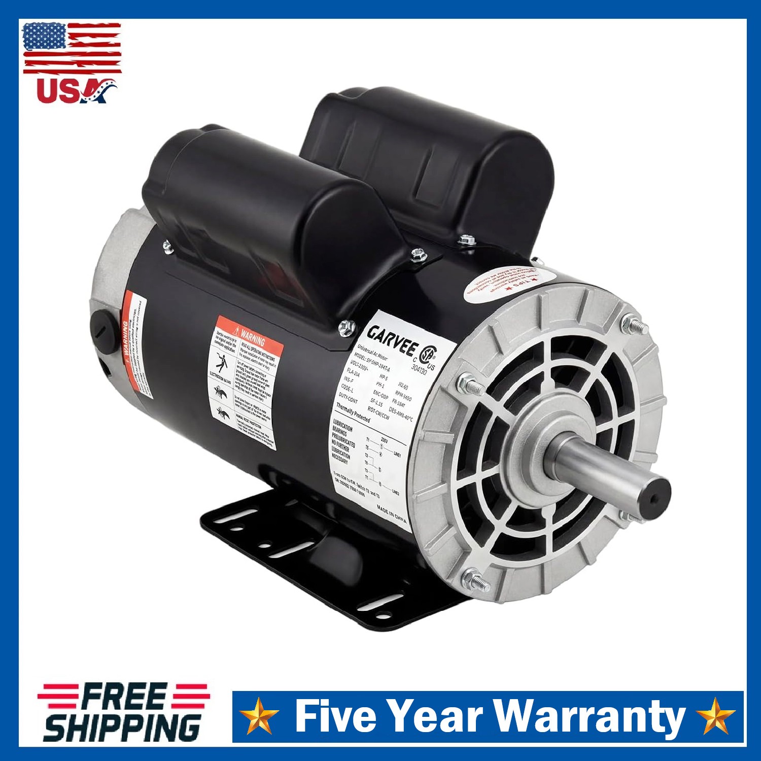 3HP SPL Air Compressor Electric Motor 230V 3450RPM 56 Frame Dual CW/CCW Rotation