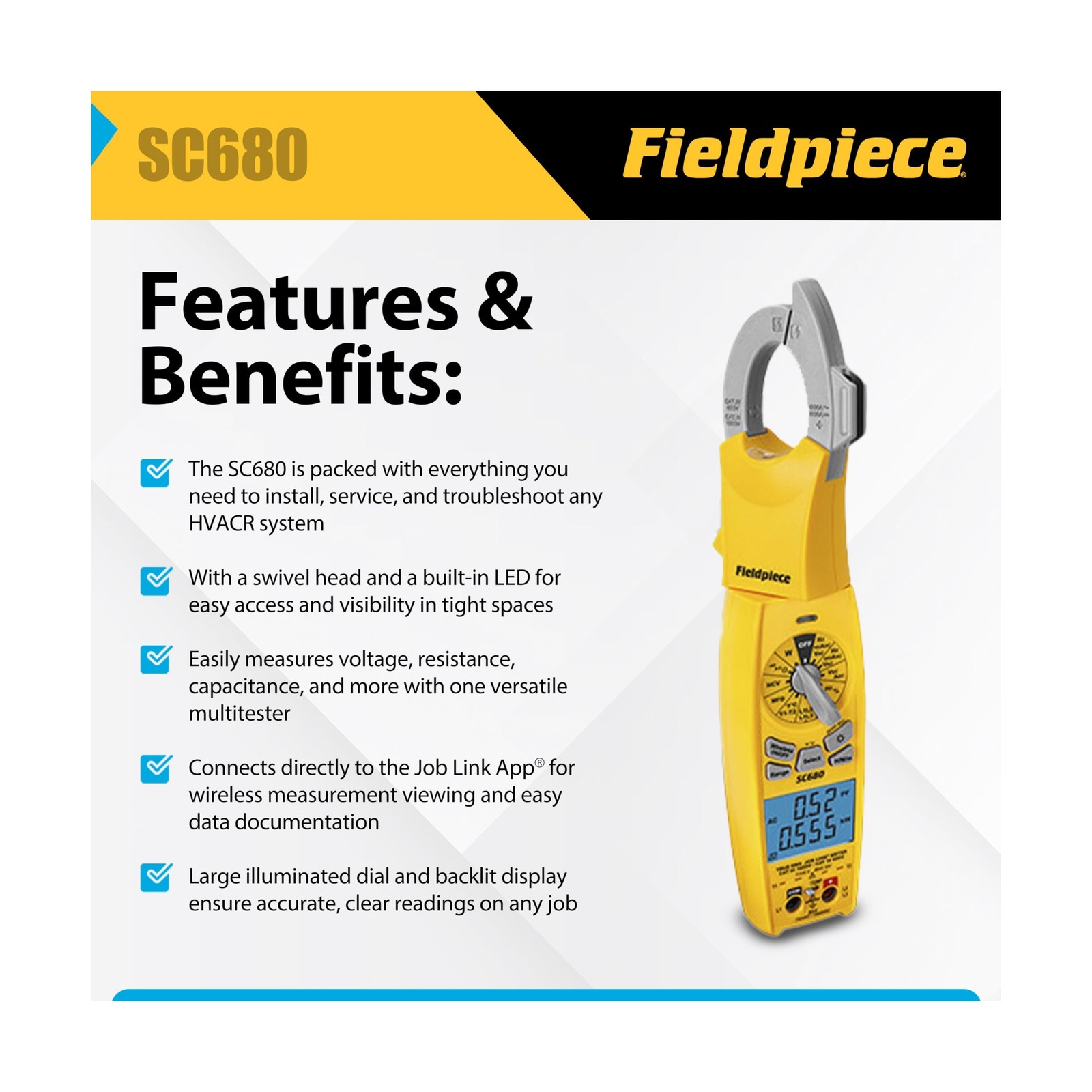 Fieldpiece SC680 Clamp Meter – Wireless Power Multitester for HVACR Professio…