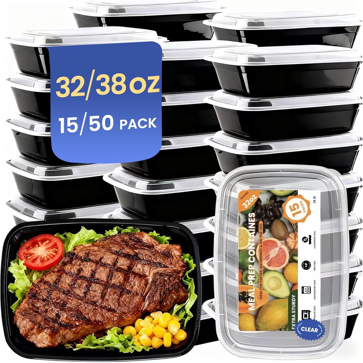15 Pack 32oz BPA Free Meal Prep Containers With Lids