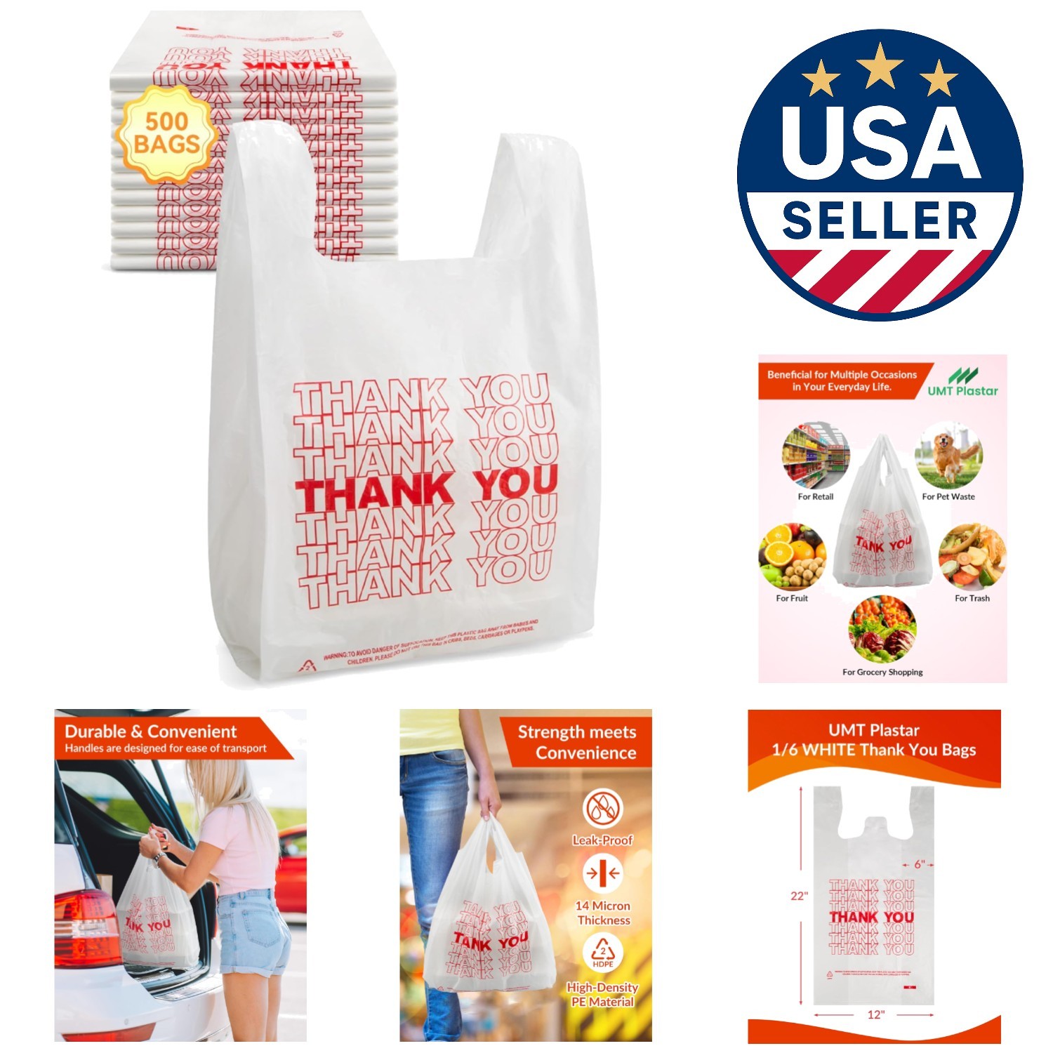 Versatile 500 Count Thank You Plastic Bags – 12″ x 6″ x 22″ for Retail & Takeout