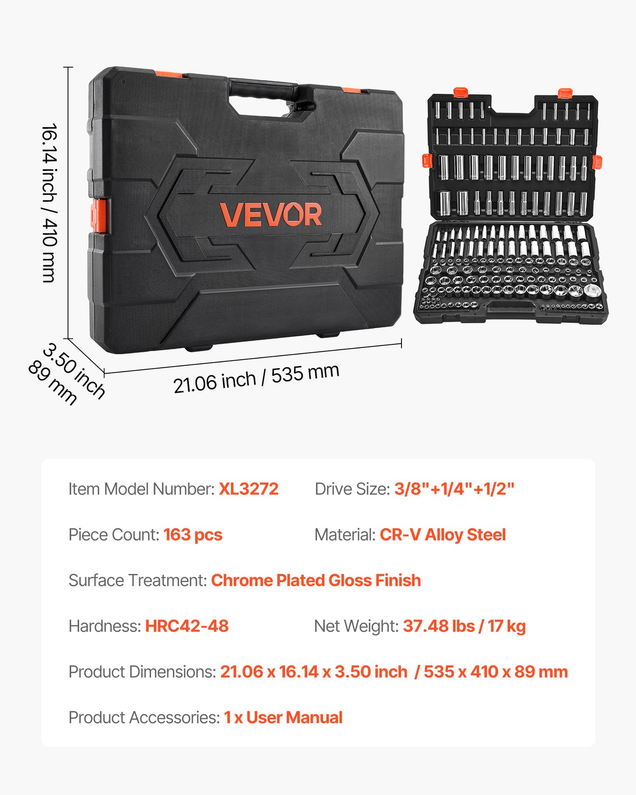 VEVOR Socket Set Socket Tool Set 163 Pieces 3/8 & 1/4 & 1/2 in Drive Auto Repair