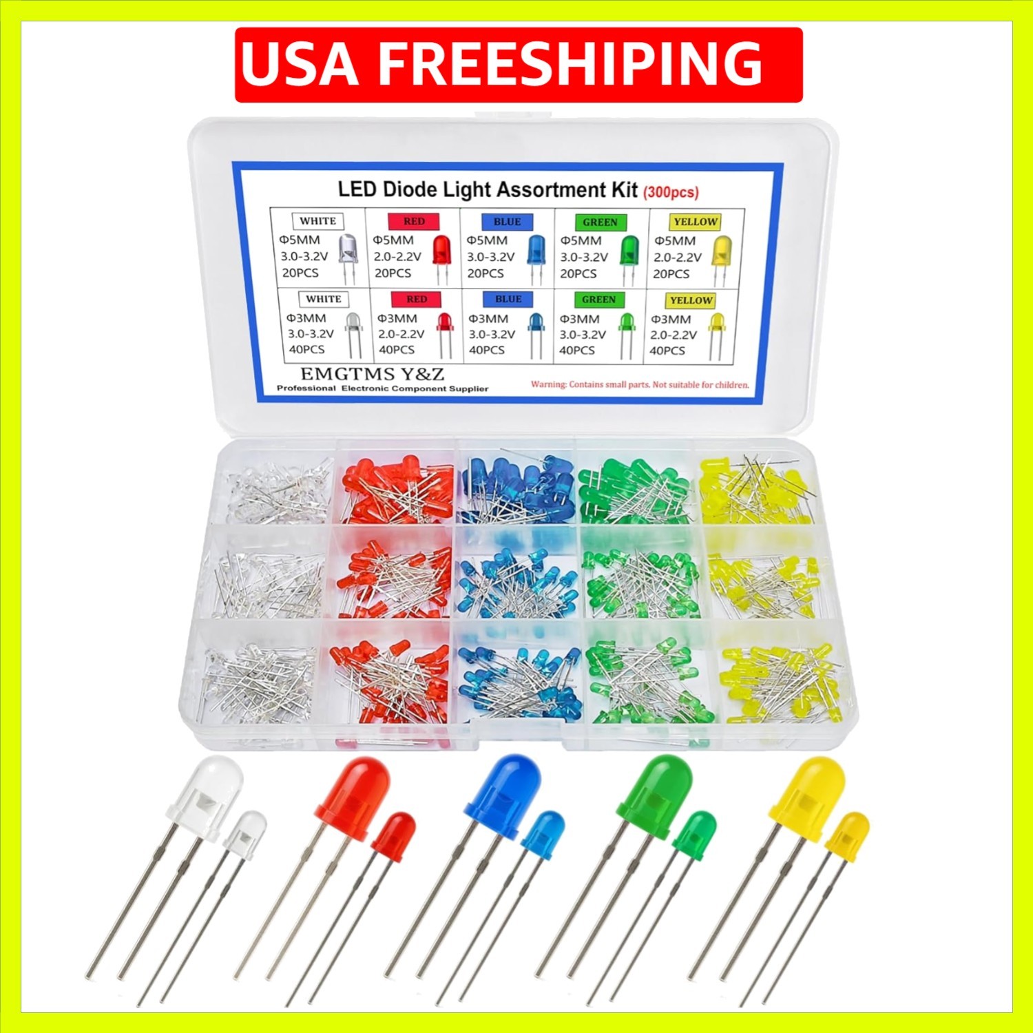 300 Pcs 3mm & 5mm LED Diode Assortment Kit – 5 Colors White/Red/Blue/Green/Ye…