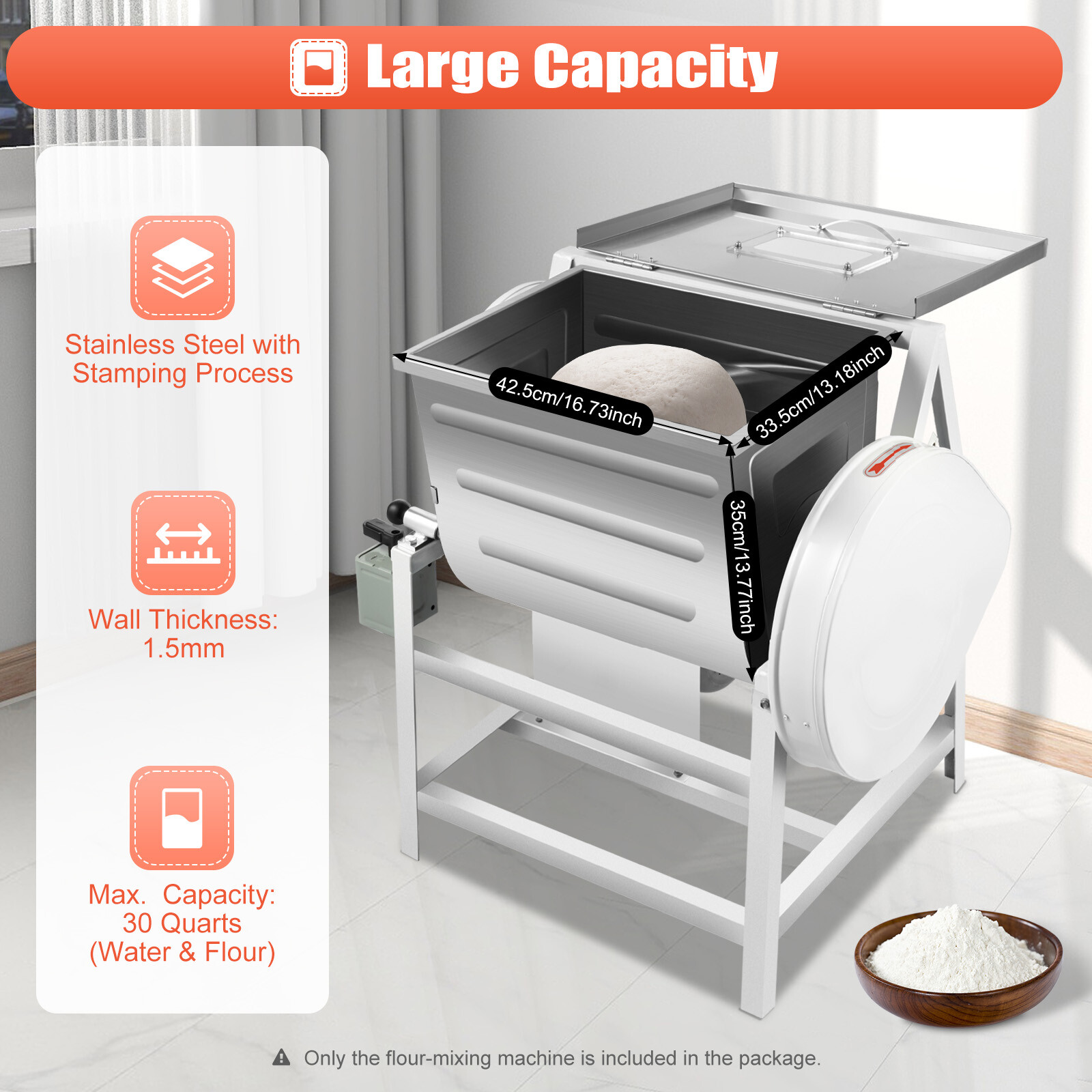 110V 15kg Commercial Dough Mixer Machine, 30QT Electric Flour Kneading Machine