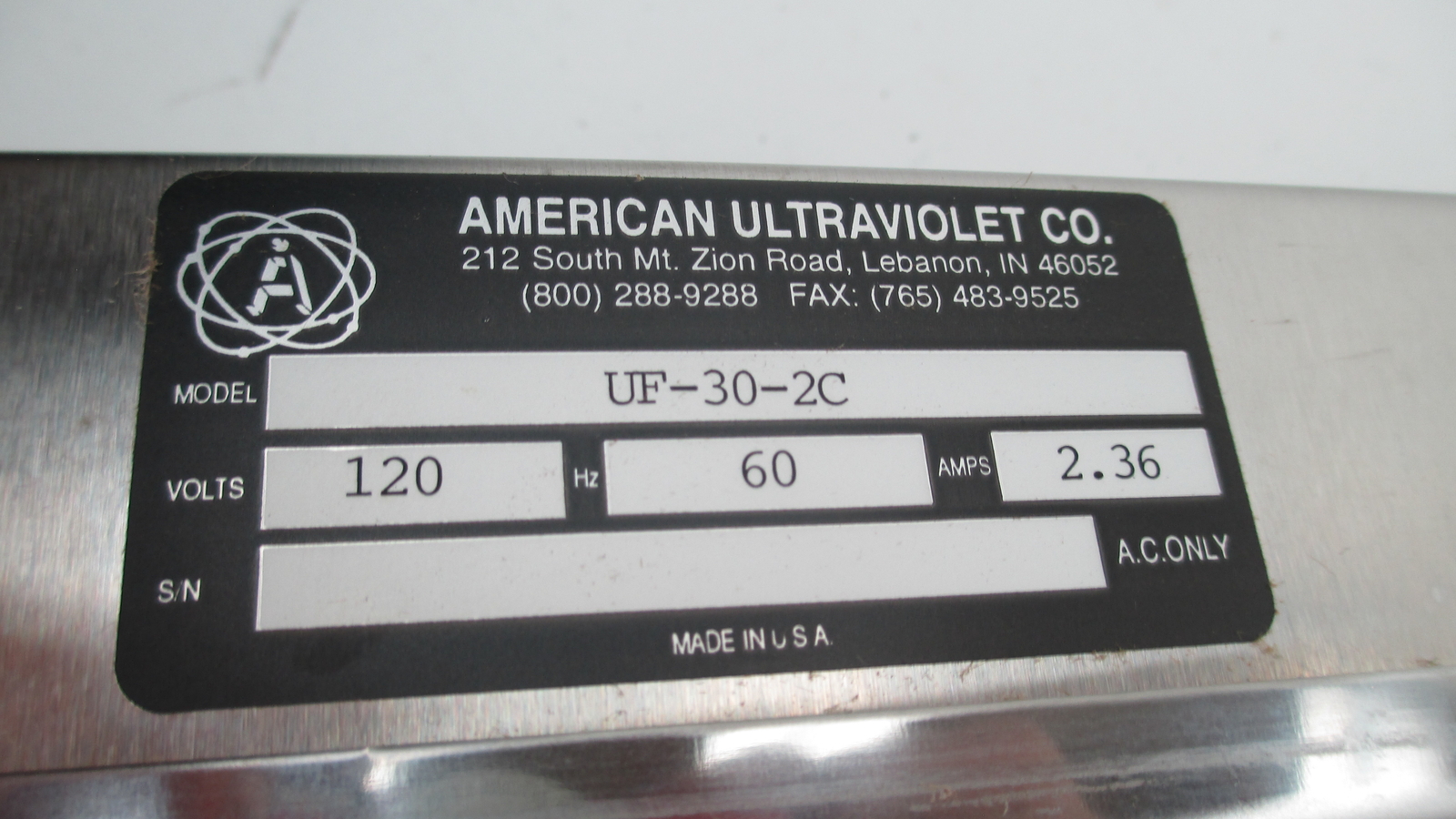 AMERICAN ULTRAVIOLET UF-30-2C 120 VOLTS 60 HZ 2.36 AMPS
