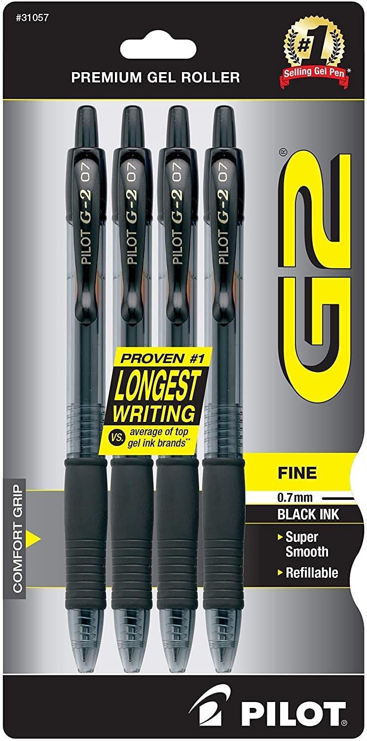 Pilot G2Premium Gel Pens Black Ink Fine Point 0.7mm Retractable Refillable4-Pack
