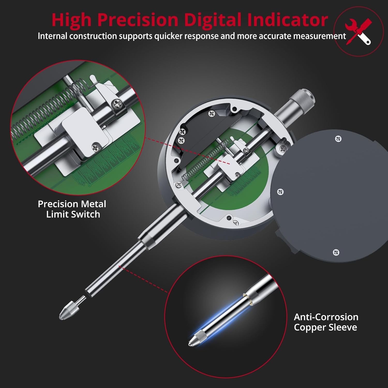 Digital Dial Indicator 1Inch/0.0005Inch LCD Display Electronic Dial Indicat