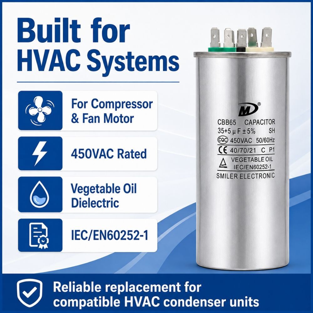 Air Conditioner 35/5uf, Round Dual Run Capacitor — 35+5 MFD, 450VAC NEW