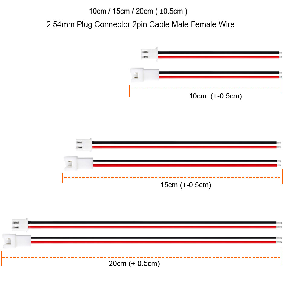 XH2.54mm pitch 2pin plug connector 2.5mm Male & Female 26AWG Terminals Wire