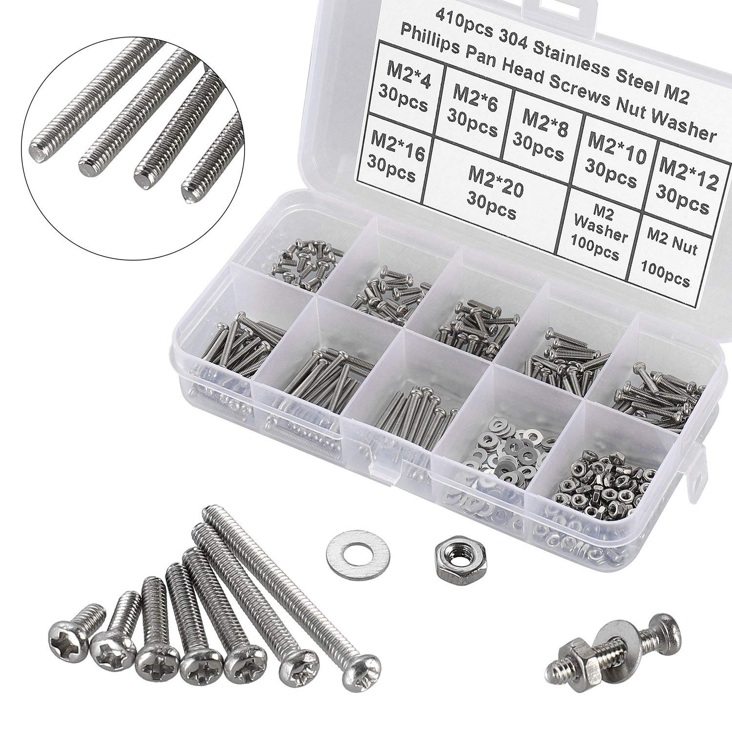410-Pcs Stainless Steel M2 Phillips Pan Head Screws & Washers Assortment Kit