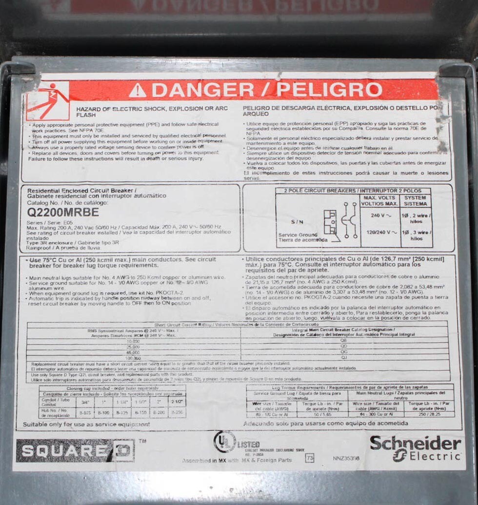 Square D 200A Breaker Enclosure Q2200MRBE w/QDL22200RPTL Breaker 2P NEMA 3R