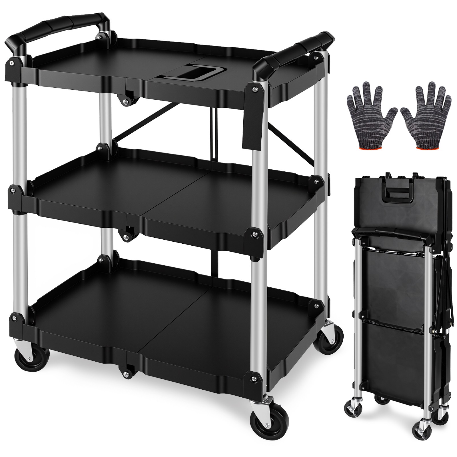 Folding Collapsible Utility Service Cart 3 Shelf 150LB w/ Swivel Lockable Wheels