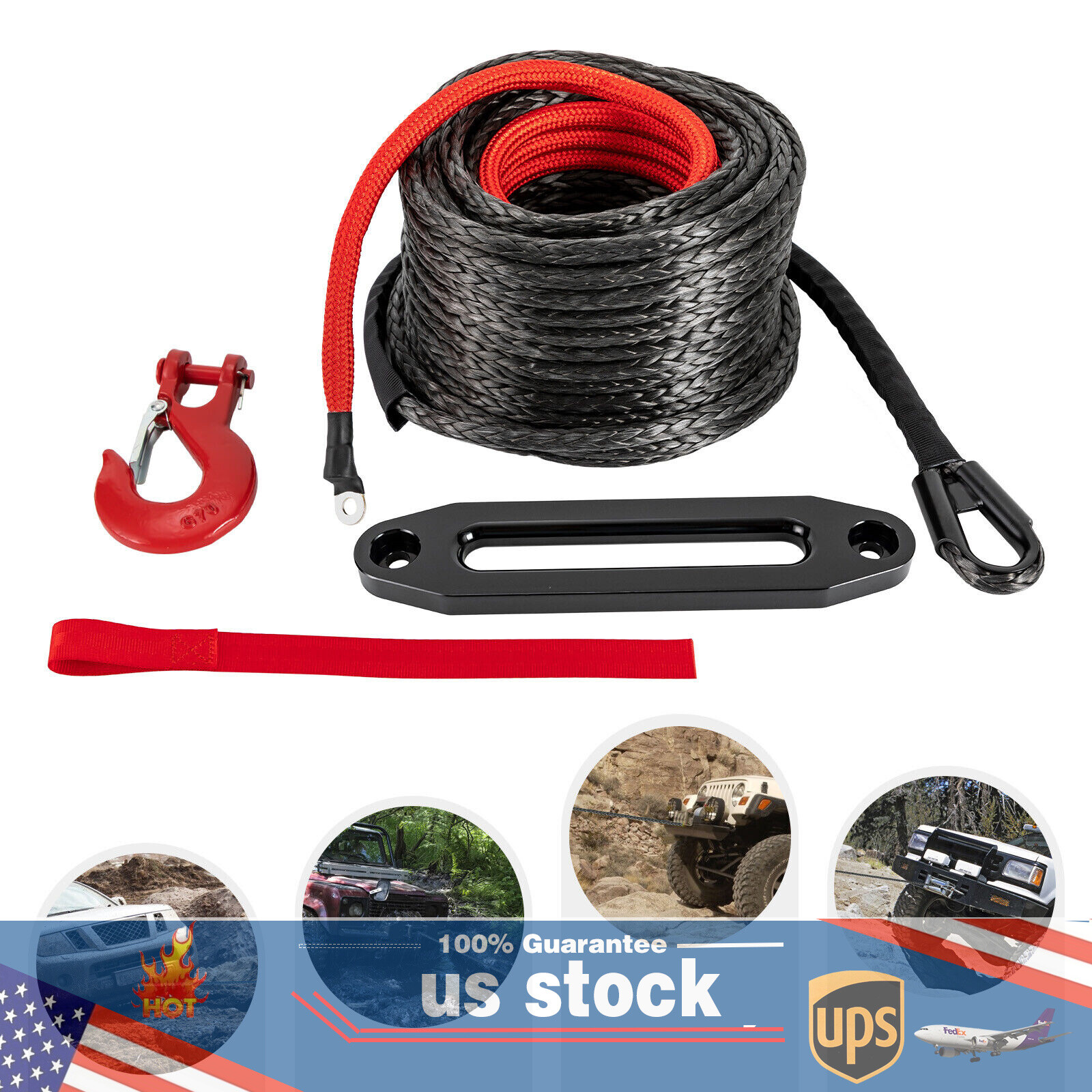 1/2″x92ft Synthetic Winch Line Cable Rope With Sleeve + Winch Hook For ATV UTV