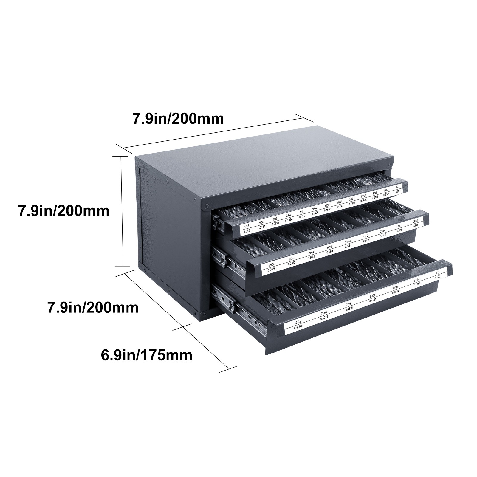 VEVOR Drill Bit Dispenser Organizer Cabinet Three-Drawer for 1/16in to 1/2in