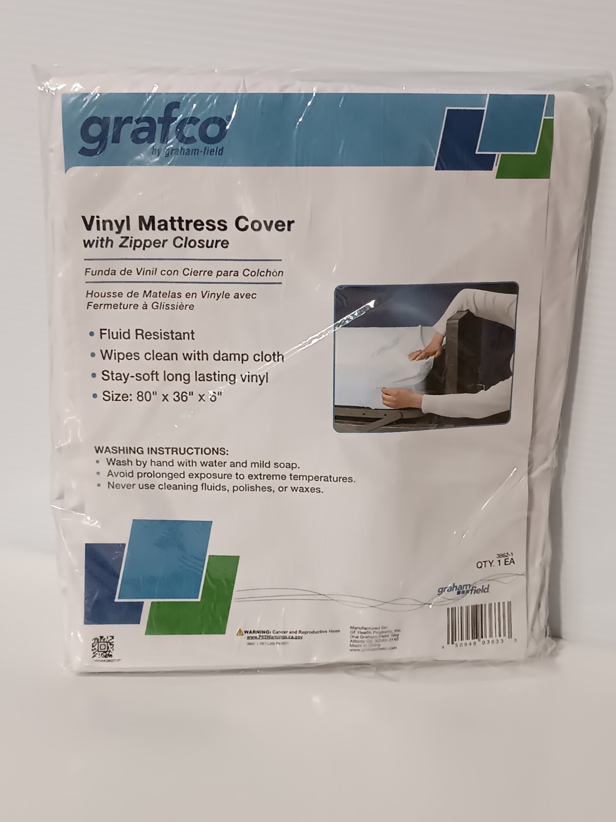 Graham-Field 3862-1 Grafco Vinyl Mattress Cover with Zipper Closure, 80″x36″x6″